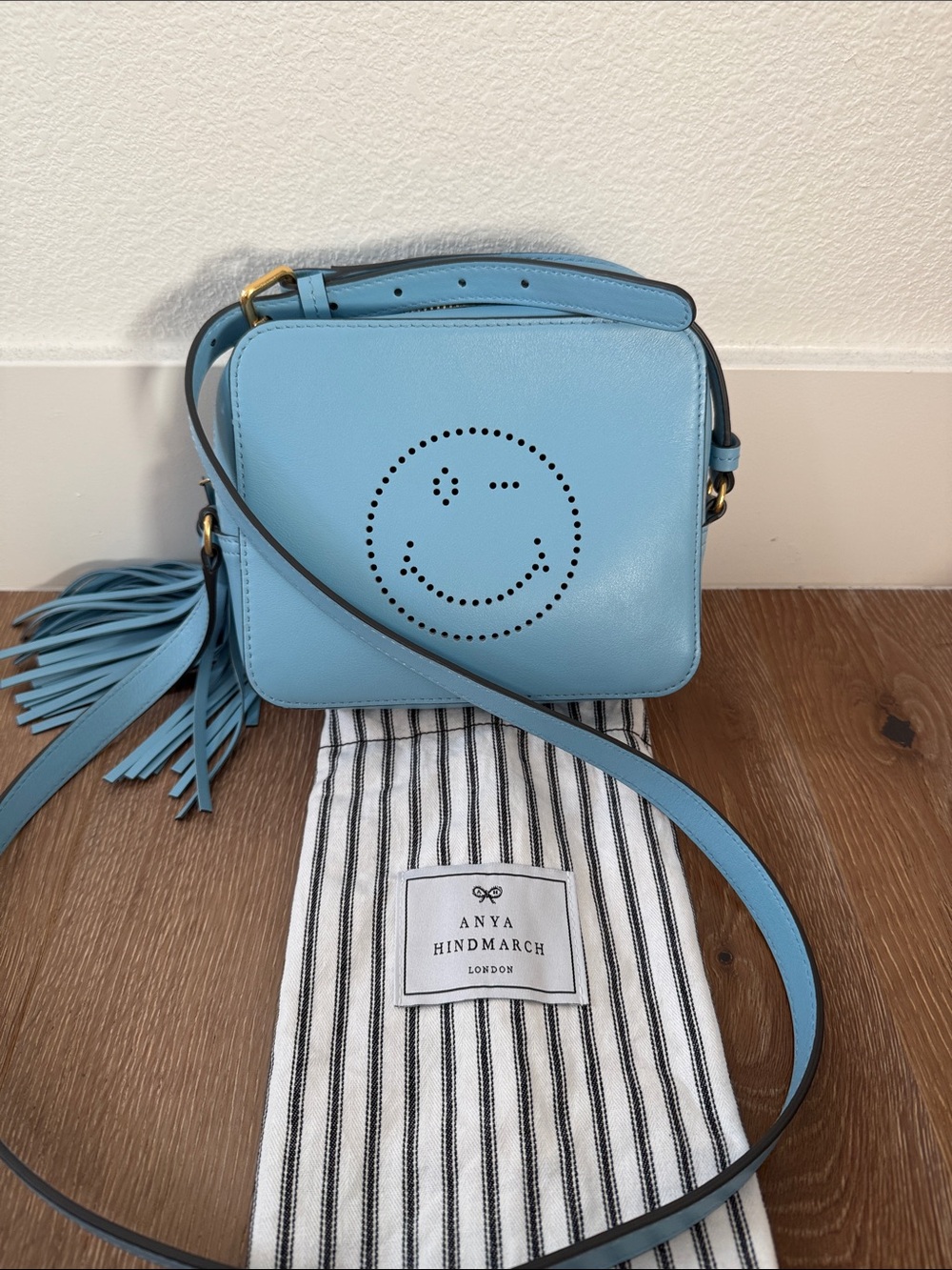 Anya Hindmarch Light Blue Smiley Leather Crossbody